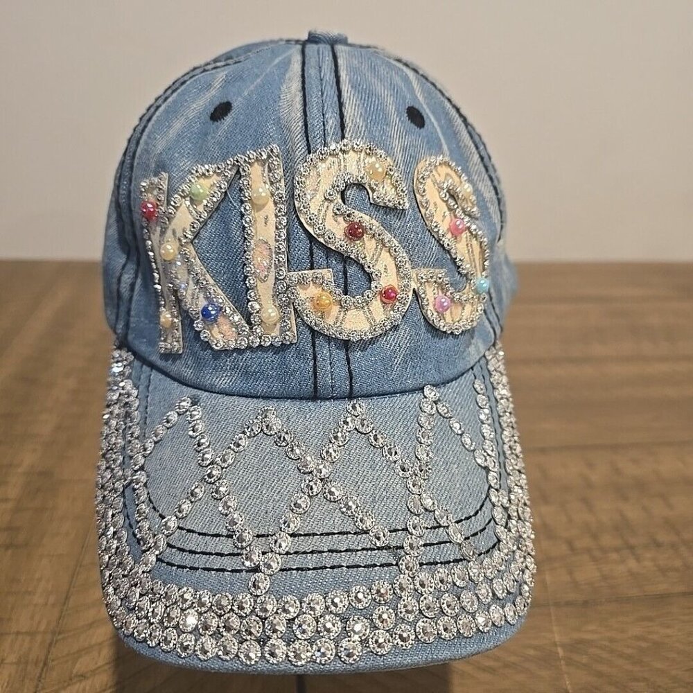 Kiss Baseball Cap Denim Rhinestone Adjustable Curved Bill Jeweled Hat Strapback